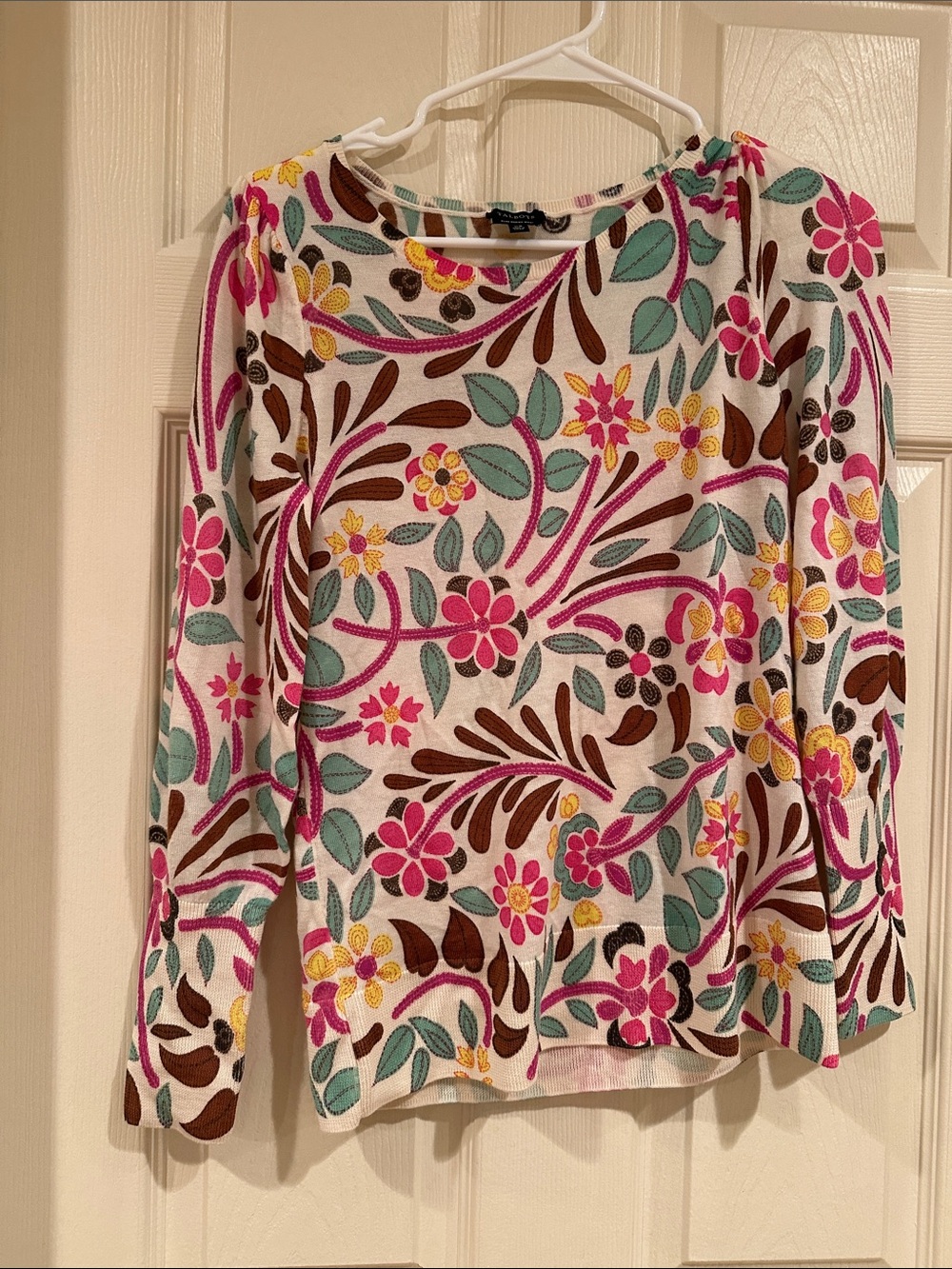 Talbots Cream Long-Sleeve Floral Print Top with Pink, Teal & Brown